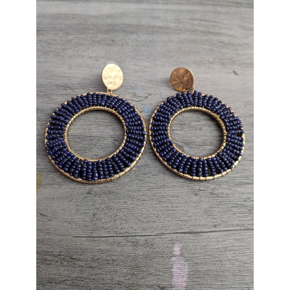 Navy Blue Seed Bead Woven Gold Tone Hoop Drop Earrings Statement Boho Jewelry